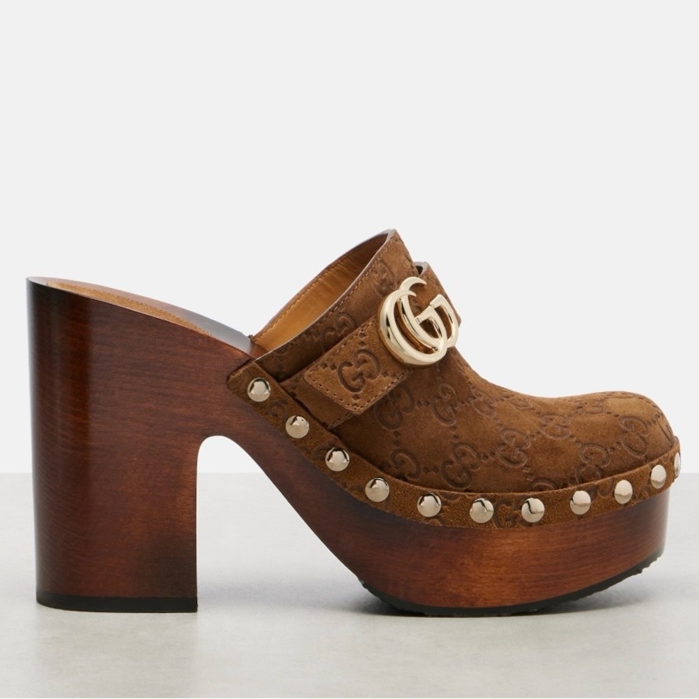 GUCCI Marmont GG logo suede leather platform wooden clogs